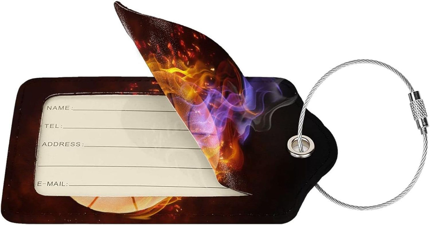 Set of 2 Sports Luggage Tags with Fire Basketball Pattern, Leather Suitcases Tag with Stainless Steel Ring for Backpack Baggage, Cool Travel Labels with Name ID Card Cover for Kids Teens Adults
