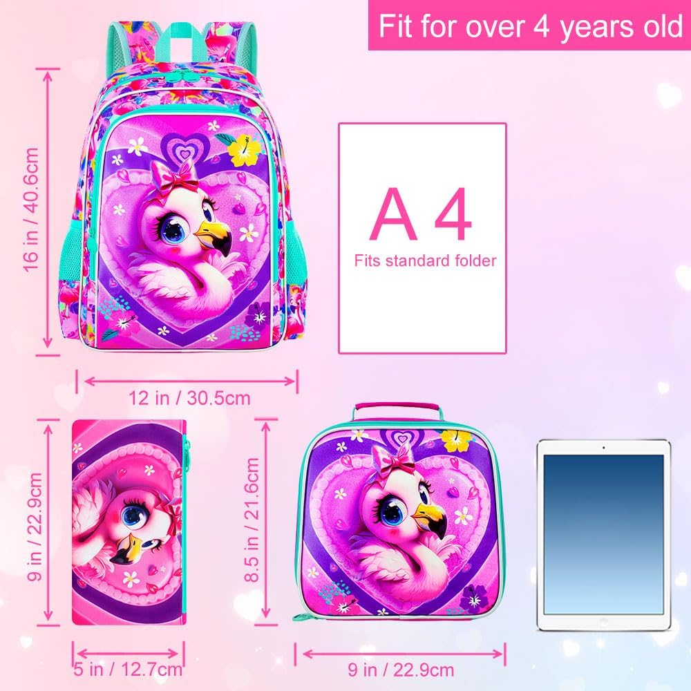 3PCS Girls Backpack, Kids Water Resistant Heart Bookbag Set with Lunch Box, Cute Kids School Bag for Preschool Toddler
