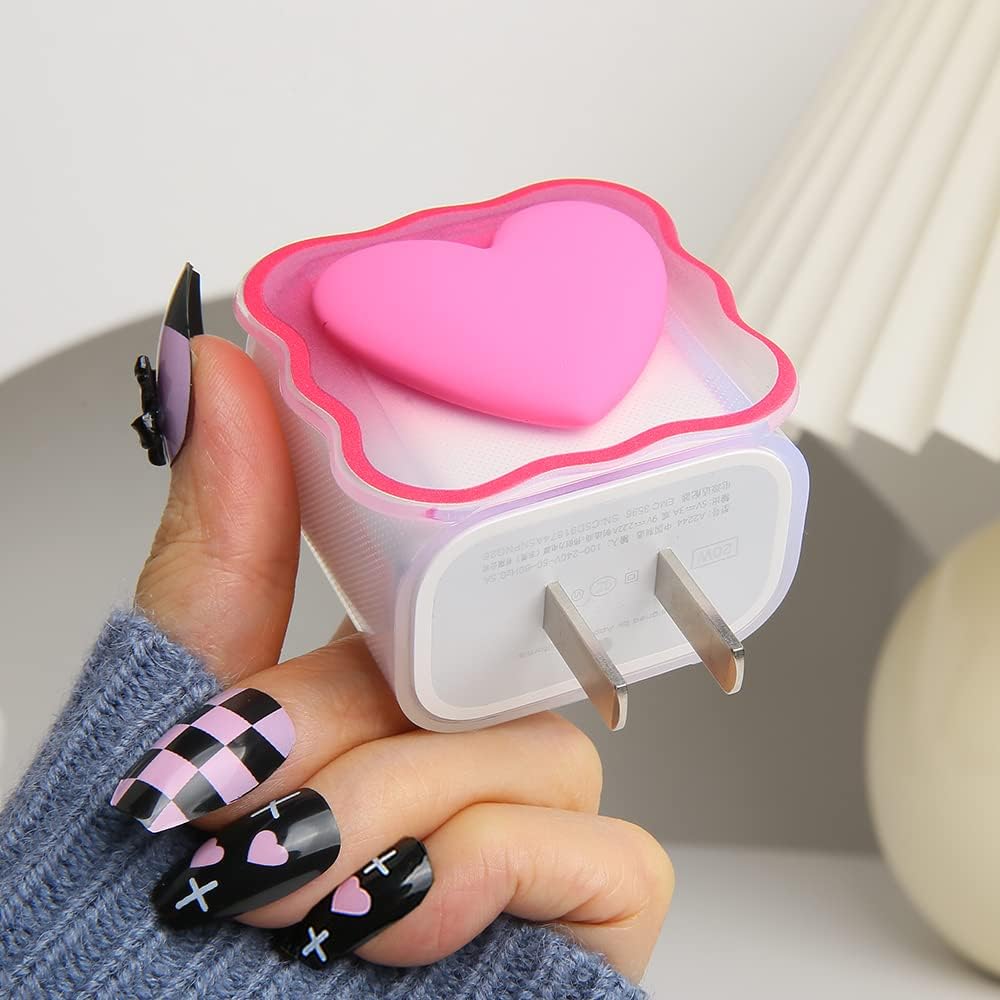Compatible with iPhone 18W/20W USB-C Charger Cover Lovely 3D Love Heart Waves Clear Soft Charger Protector Cute Cable Saver for iPhone 11 12 13 14 Pro Max Fast Power Adapter, Rose 1 (5in1)