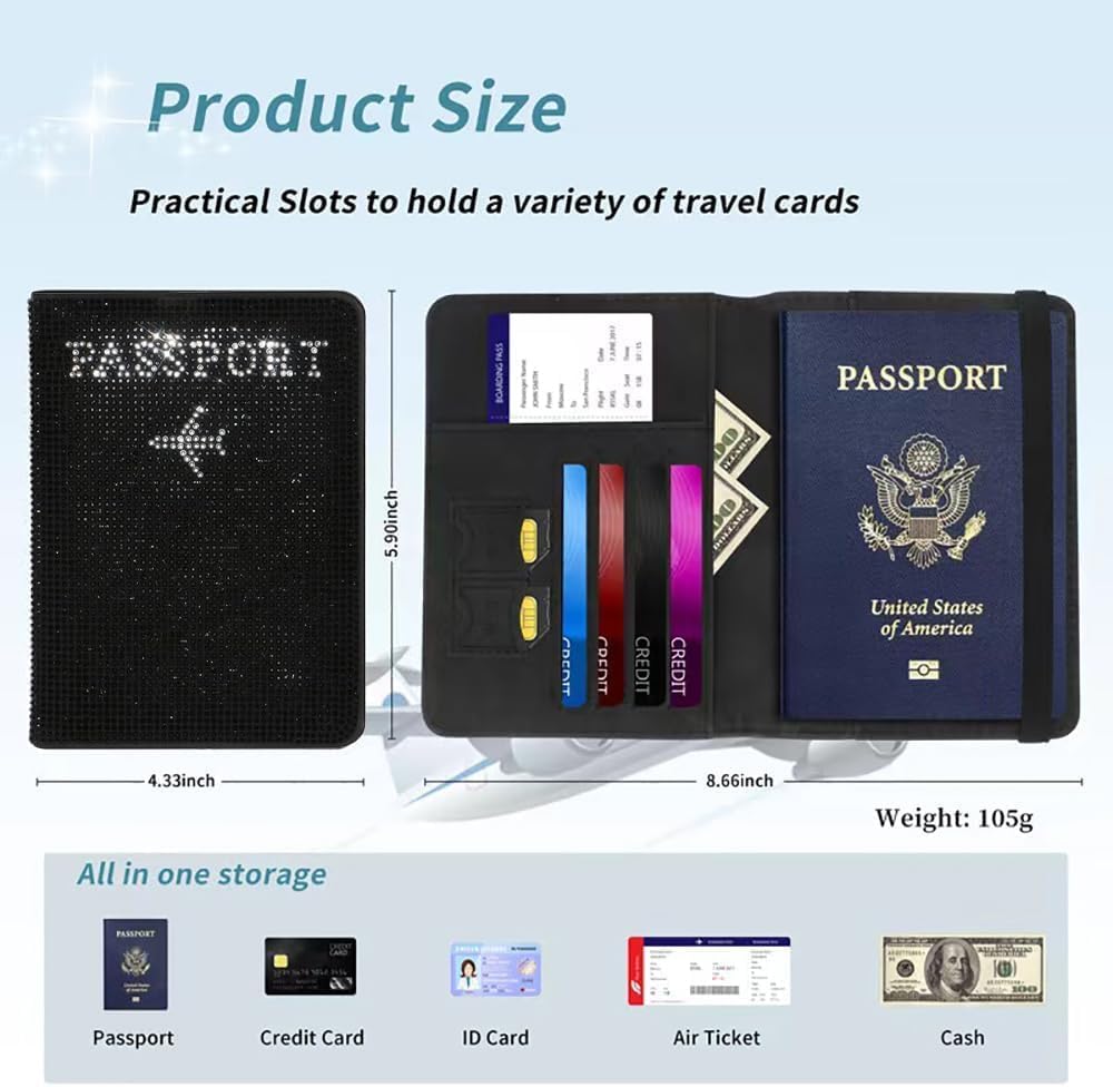 Genuine Leather Wallet Passport Holder for Men and Women Travel Organizer with Bling Rhinestone Design Elegant and Stylish (Black)