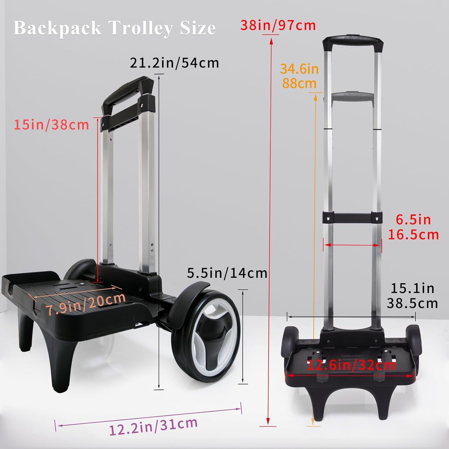 Backpack Trolley Cart with Stair-Climbing Wheels – Foldable Aluminum Frame, Adjustable Handle and 77 lbs Capacity – Quiet Large Wheels with Edge Guard – Black – Fits Travel Bags, Book Bags, Shopping
