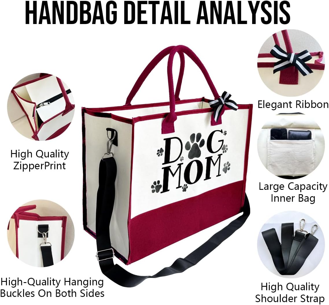 Dog Mom Tote Bag, Canvas Tote Bag for Women, Shoulder Beach Bag, Reusable Travel Beach Tote, Gifts for Dog Lovers and Pet Owners, Durable Everyday Handbag and Shopping Bag A1