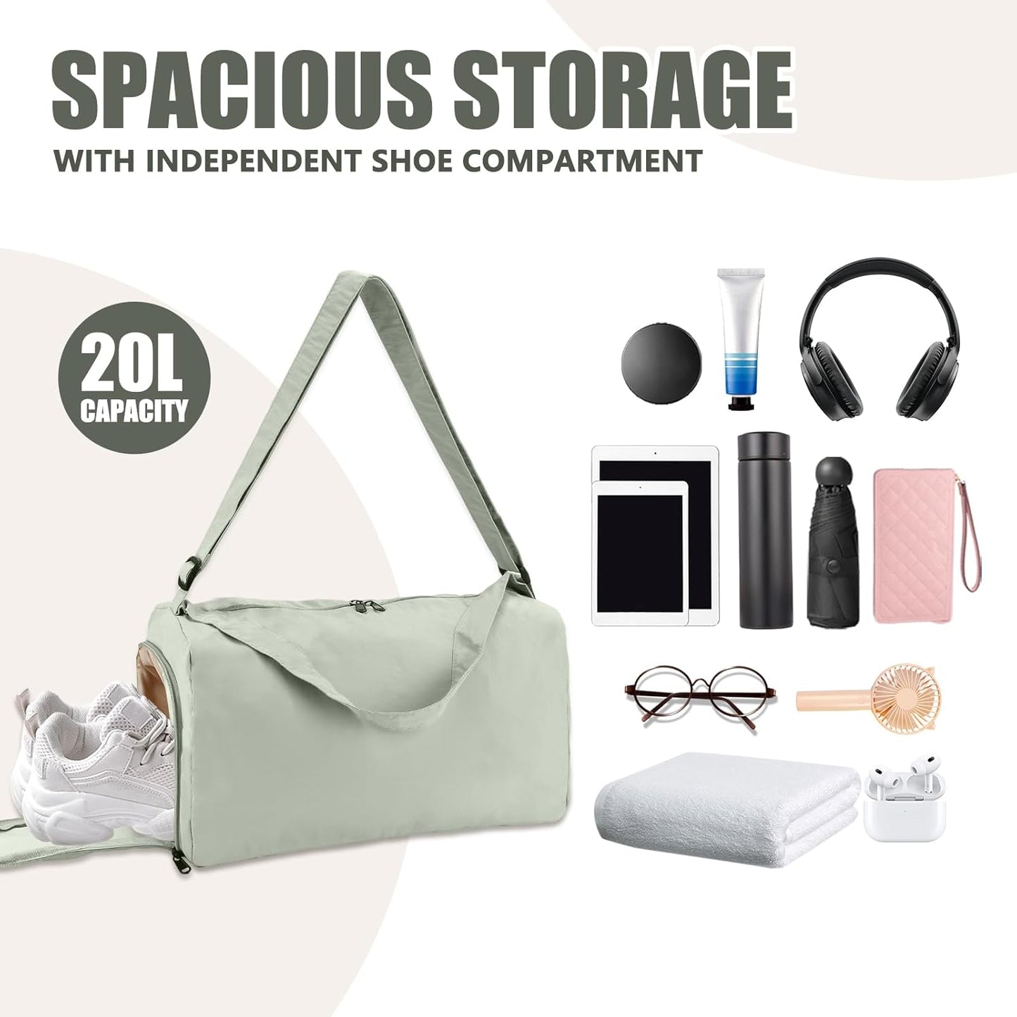 Small Gym Bag for Women with Shoes Compartment, Travel Duffel Overnight Bags for Women & Men, Weekend Carry on Bag - Sport Yoga Dance(Light Green)