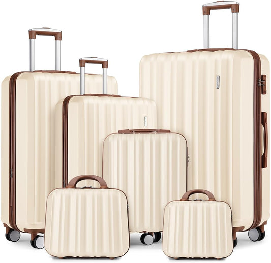 LARVENDER Luggage Sets 6 Piece, Expandable Hardside Suitcase Set Carry on Luggage with Spinner Wheels, Lightweight Travel Luggage Set with TSA Locks for Men and Women, Cream White