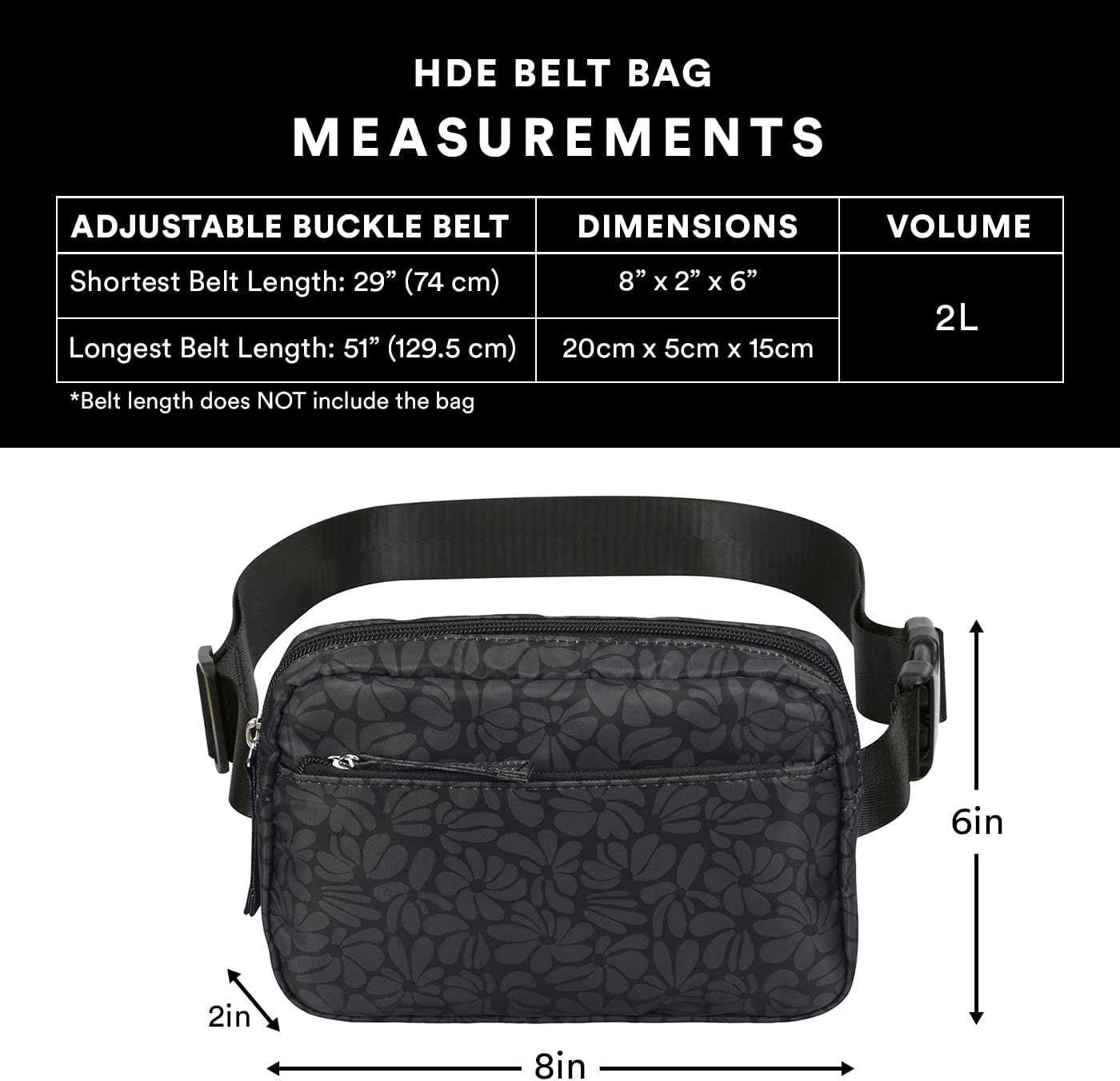 HDE Belt Bag 2L Fanny Pack Cross Body with Adjustable Strap Travel Waist Pack - Black Floral Pop