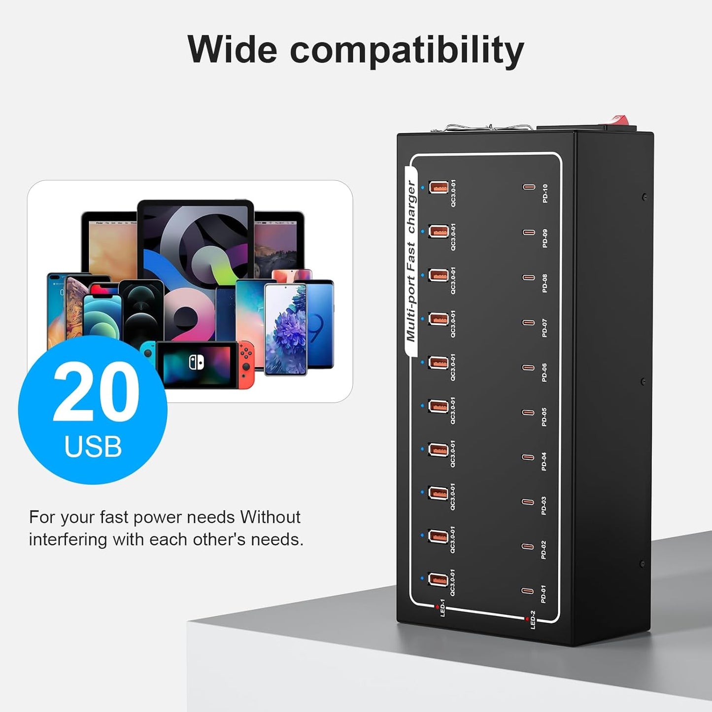 400W USB Charging Station for Multiple Devices, (10 USB C+10 USB A), USB-C Port Supports PD Quick Charge Compatible with iPhone, Smartphones, Tablets and Other Devices (Black)