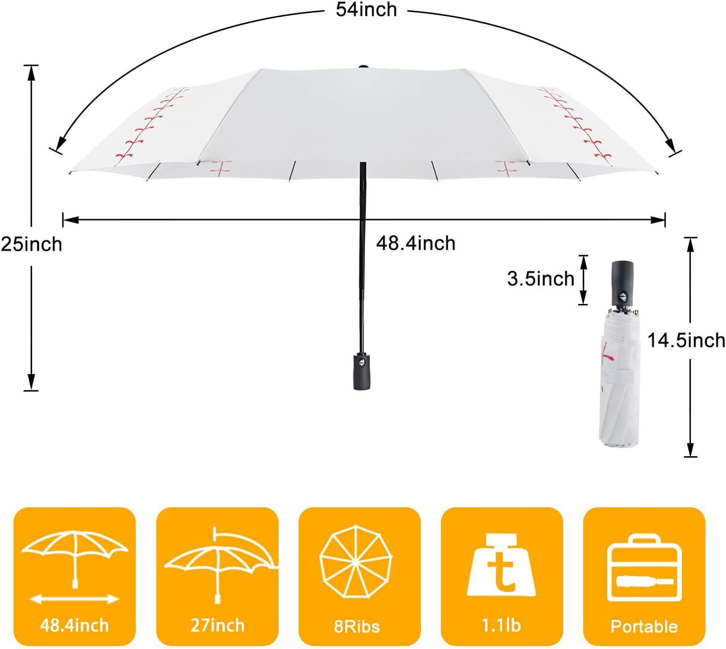 Lejorain White Baseball Umbrella Compact - Portable Windproof Travel Folding Sports Umbrella Auto Open Baseball