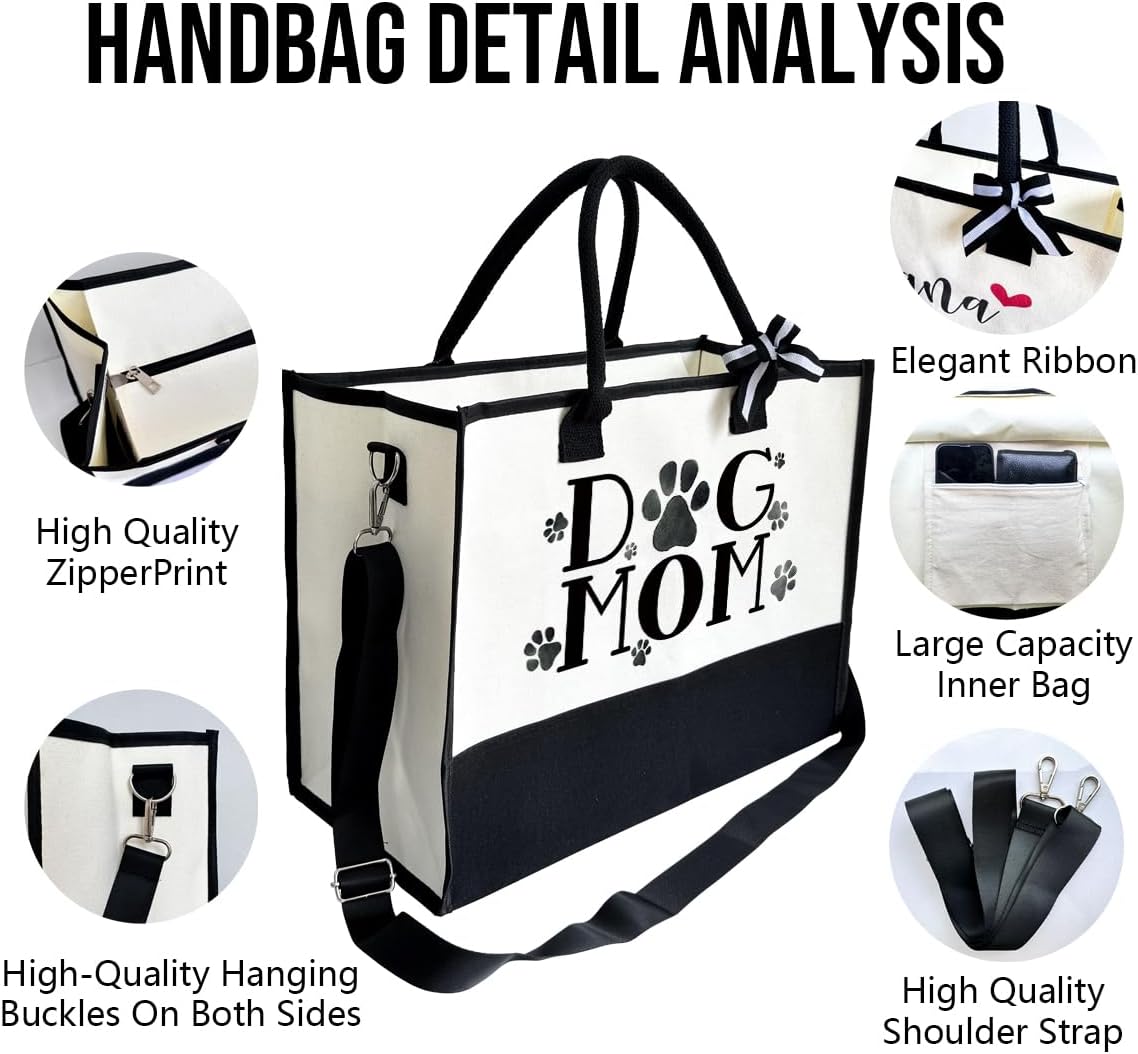 Dog Mom Tote Bag, Canvas Tote Bag for Women, Shoulder Beach Bag, Reusable Travel Beach Tote, Gifts for Dog Lovers and Pet Owners, Durable Everyday Handbag and Shopping Bag