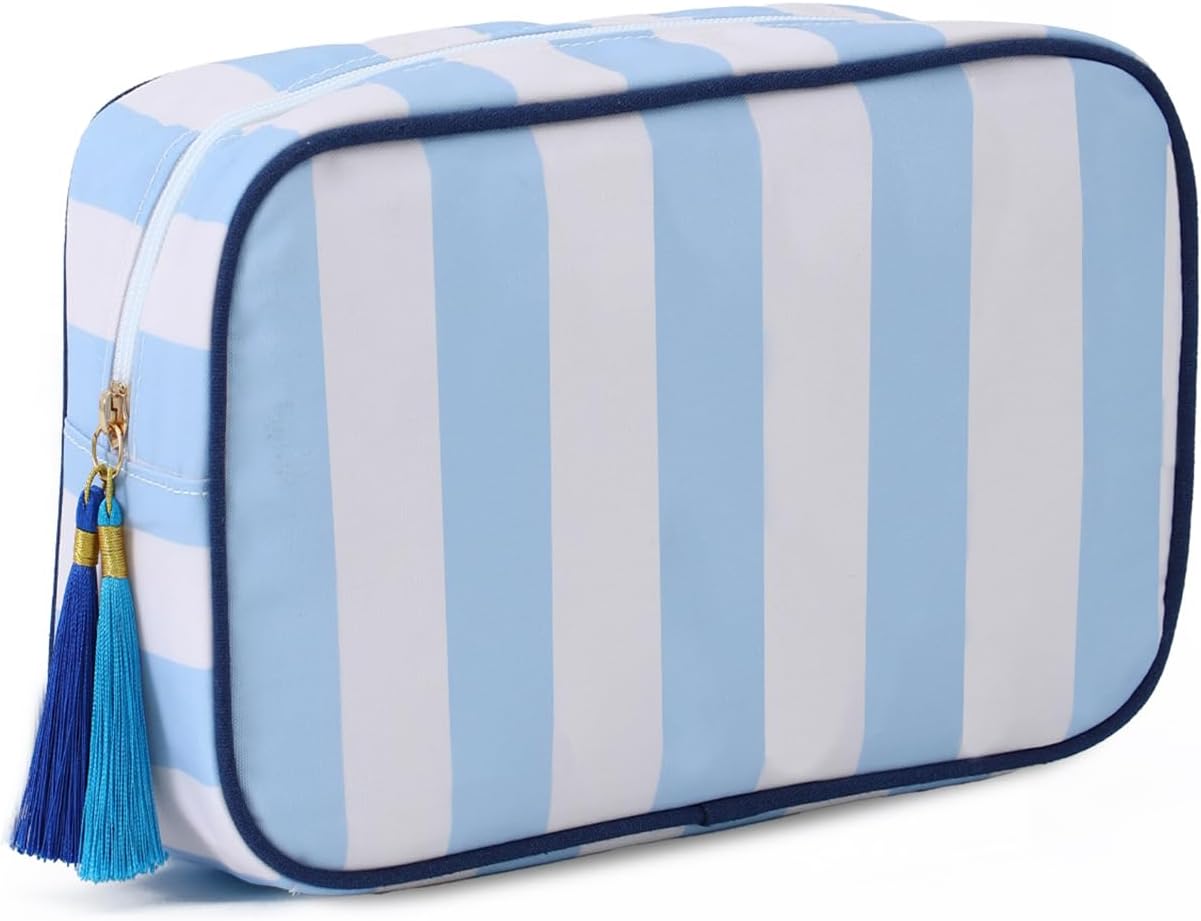 Stripe Makeup Bag Travel Cosmetic Bag Organizer Tassel Toiletry Bag Large Canvas Zipper Pouch and Accessories Storage Bag for Women