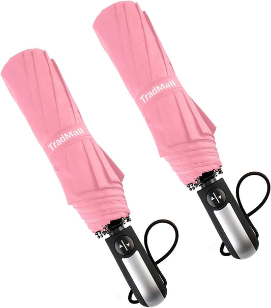 TradMall 2 Pack Travel Umbrella Windproof 46/56 Inches Large Canopy Reinforced Fiberglass Ribs Auto Open & Close