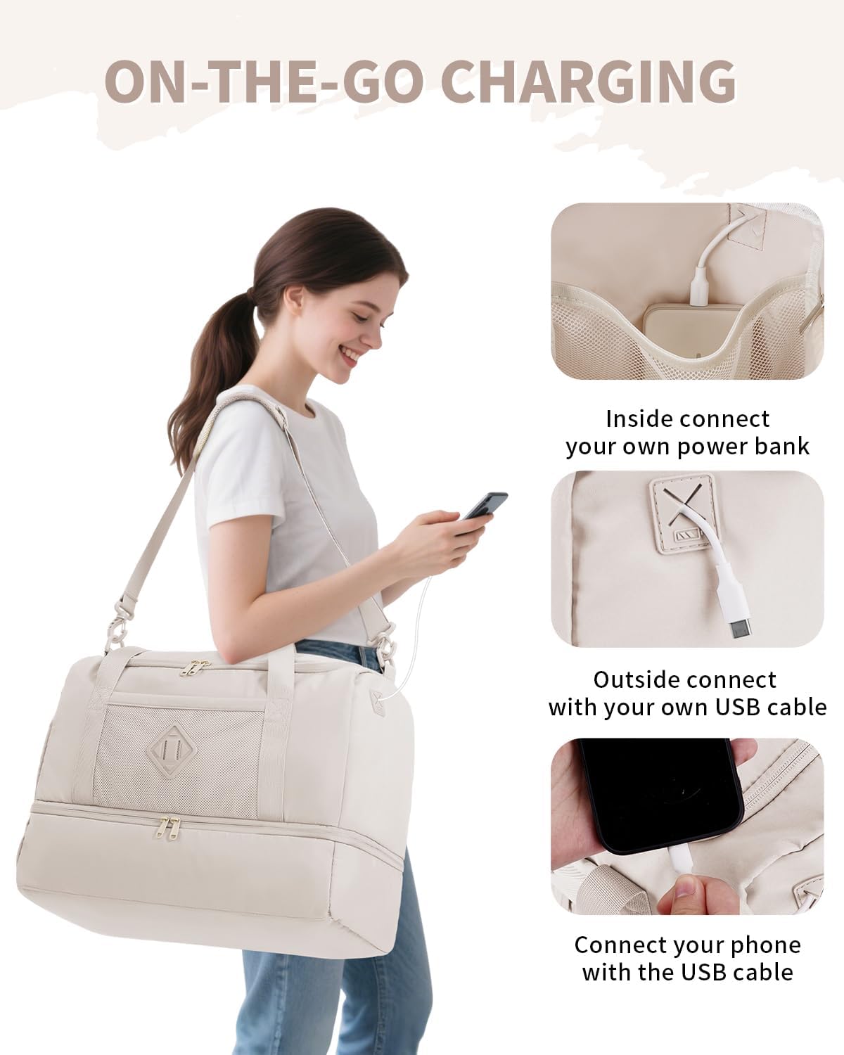 WANDF Travel Duffel Bag with Wet Pocket & Shoe Compartment, 18x14x8 Personal Item Bag with USB Charging Port, Water-Resistant Gym Weekender Overnight Carry-on for Women Men (Beige)