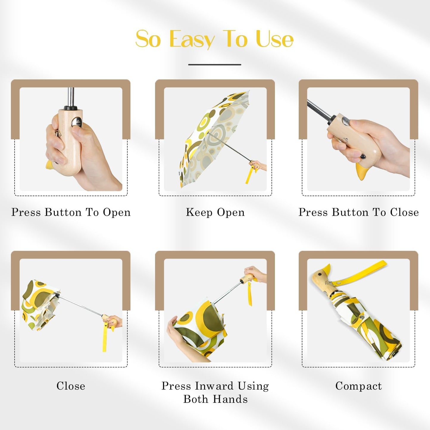 Cute Duck Umbrella Automatic - Compact Pretty Pocket Size Strong Duck Collapsible Umbrella Yellow Wooden Handle for Women