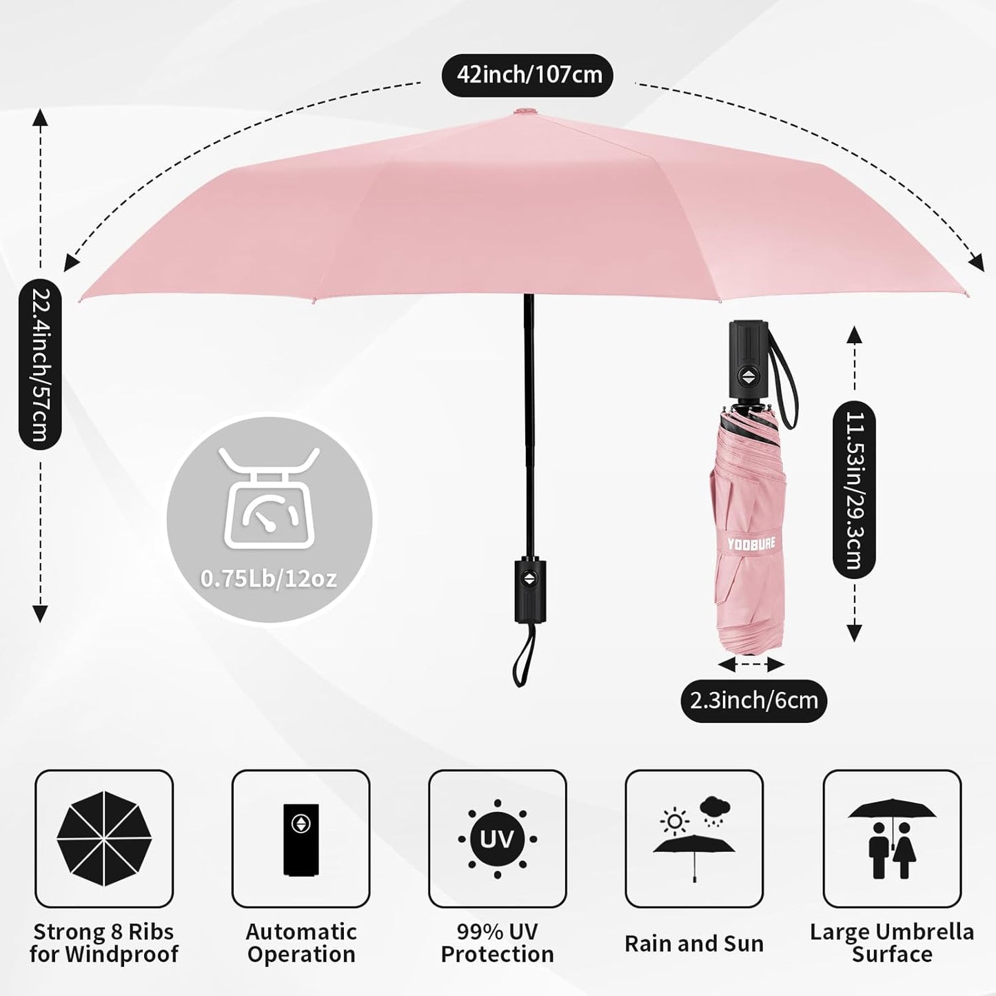 Yoobure Windproof Travel Umbrella - Automatic Umbrellas for Rain, Compact Folding Umbrella with UV Protection, Lightweight Portable Design for Backpack/Walking/Car, Sun & Storm Ready