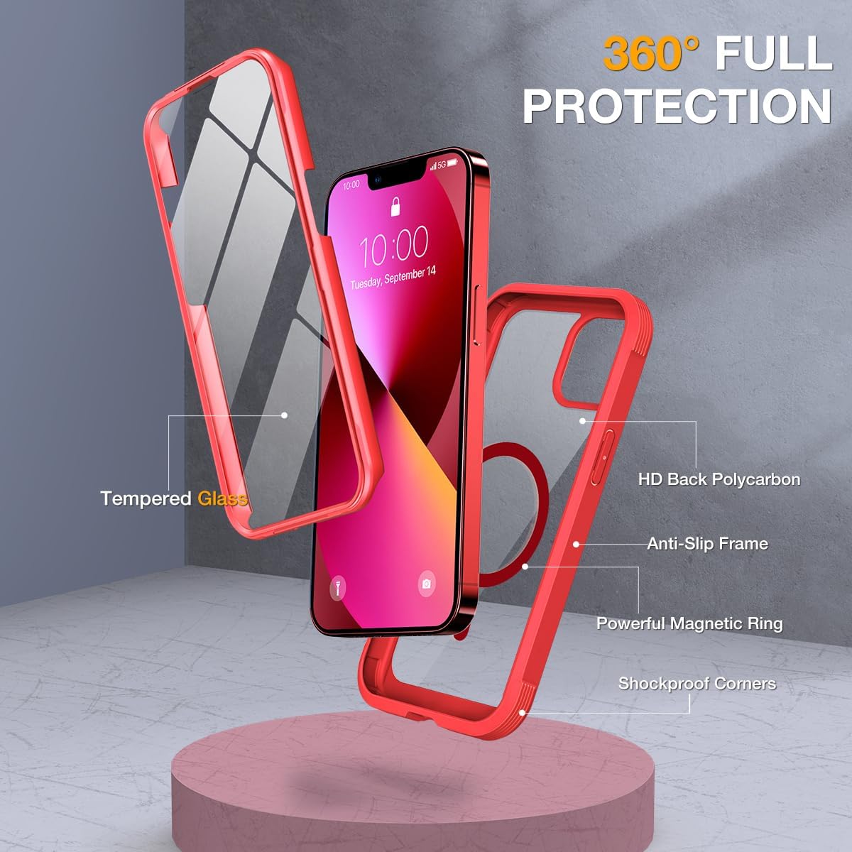 Miracase Magnetic Case for iPhone 13 Mini 5.4 Inch,with MagSafe,Built in Screen Protector,Full Body Protection(Red)