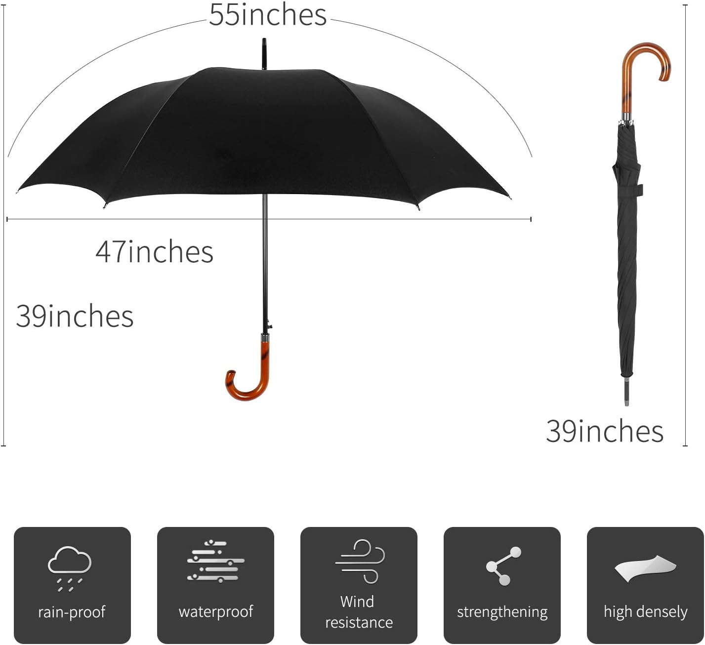 TIME LOVER Stick Umbrella Oversize Windproof Umbrella Wooden Hook Handle J Stick Automatic Open Fast Drying Umbrella for Men Women(Black)