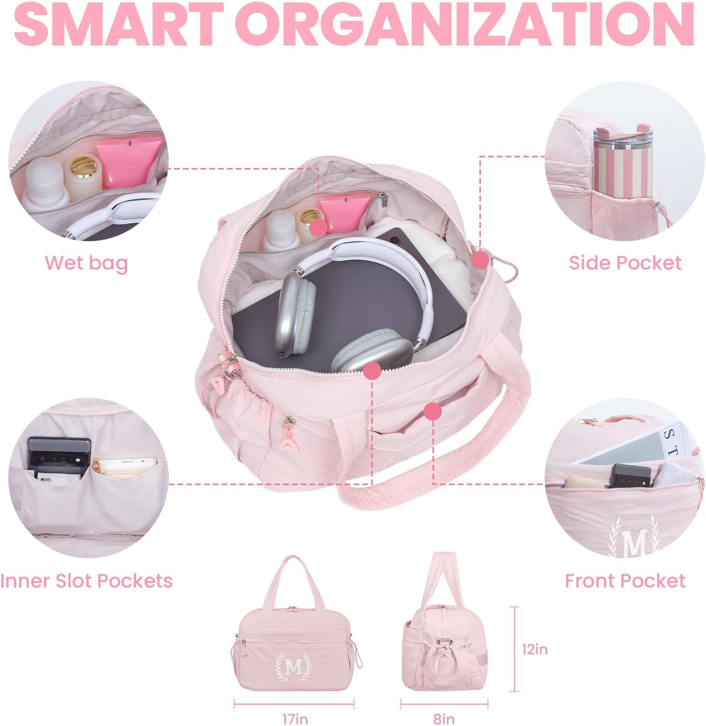 Gift for Women, Kid & Friend, Initial Girls Duffle Bag, Monogrammed Personalized Overnight Weekender, Birthday Gifts for Teen, Mom, Daughter, Grandmother, Dad (Pink, M)
