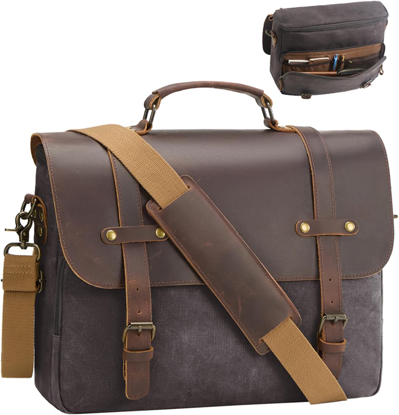 Mens Messenger Bag Waxed Canvas Laptop Briefcase 16“ Vintage Genuine Leather Crossbody Bags Waterproof Satchel Shoulder Bag