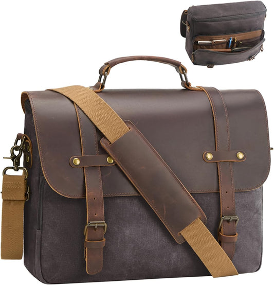 Mens Messenger Bag Waxed Canvas Laptop Briefcase 16“ Vintage Genuine Leather Crossbody Bags Waterproof Satchel Shoulder Bag