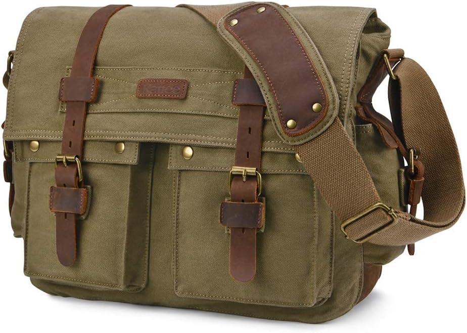 Kattee Military Messenger Bag Canvas Leather Shoulder Bag