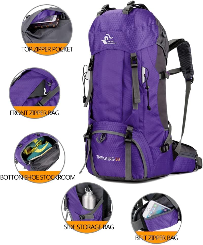 Bseash 60L Waterproof Hiking Camping Backpack with Rain Cover, Large Outdoor Sport Travel Daypack Rucksack for Climbing