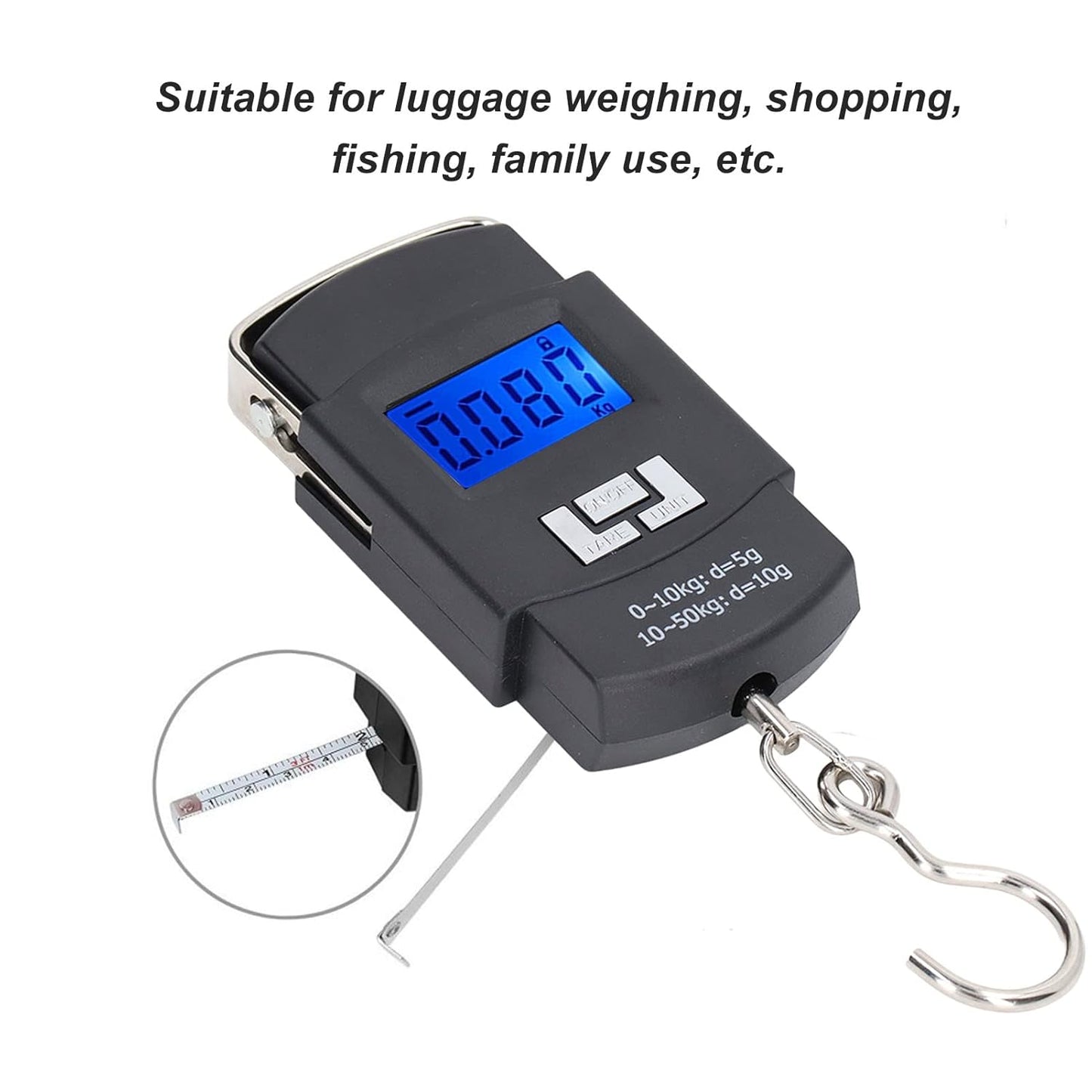 Joyzan Digital Fish Scale, Hanging Luggage Weighing Scale Backlit LCD Pocket 110lb Portable Hook Measuring Tape Electronic Balance Men Home Outdoor Farm Gifts Hunting Multi Units Kg Oz Lb Jin