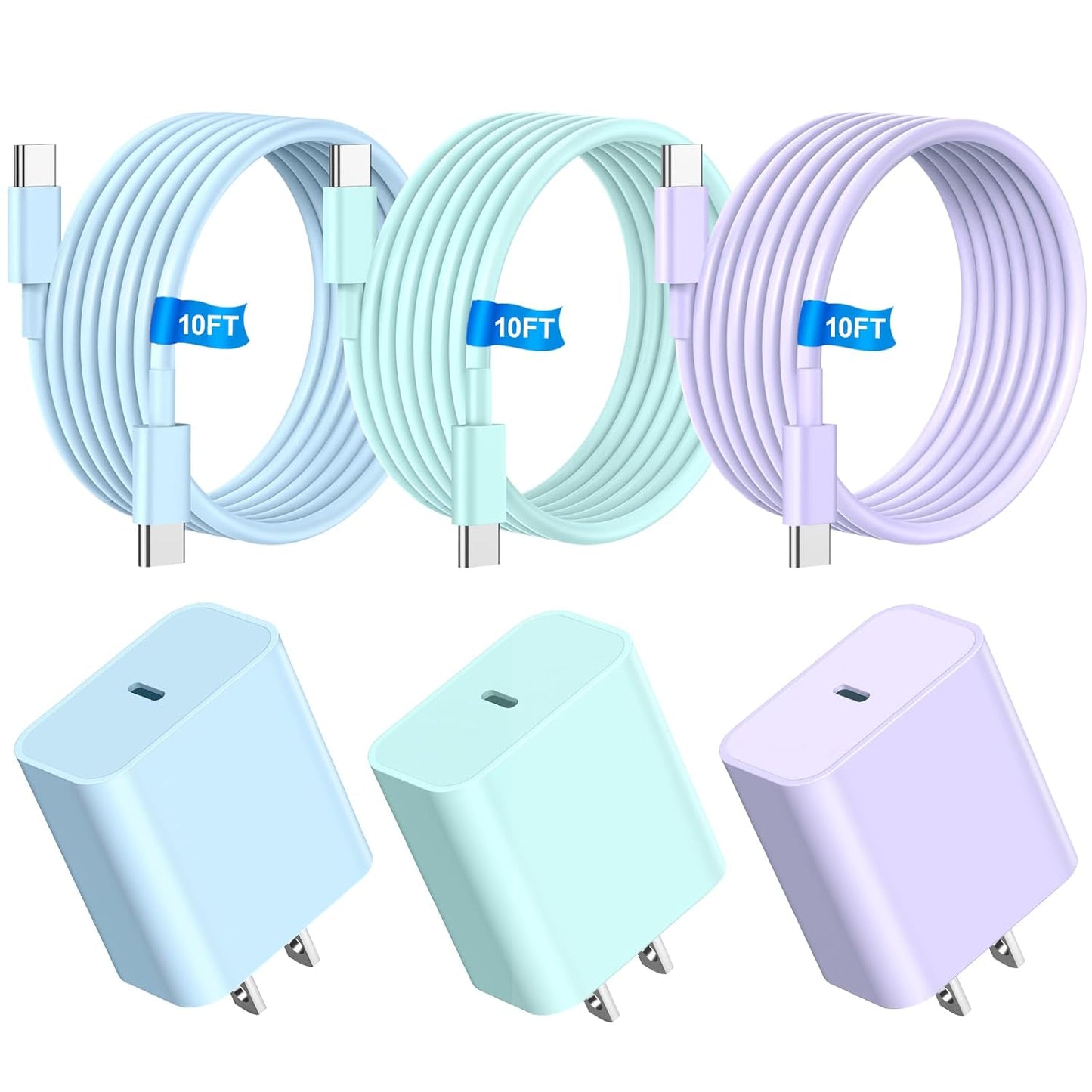 i Phone Charger Fast Charging, 3Pack 20W 10FT USB Charger Cable + USB C Charging Block, Compatible with i Phone 15 16 17 Pro/Max/Plus - Purple Green Blue