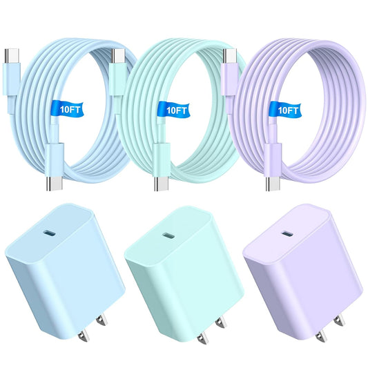 i Phone Charger Fast Charging, 3Pack 20W 10FT USB Charger Cable + USB C Charging Block, Compatible with i Phone 15 16 17 Pro/Max/Plus - Purple Green Blue
