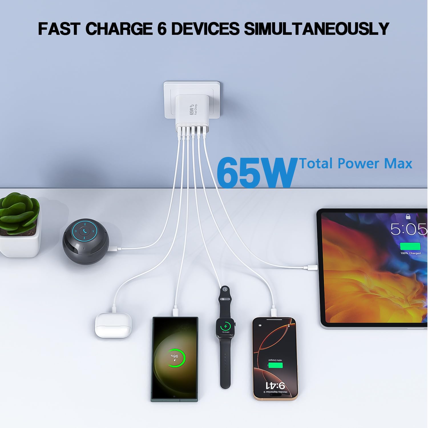 3 Pack 65W GaN Type C Wall Charger Block,6-Port Fast Charging Block,PD USB C Plug Adapter+QC Plug