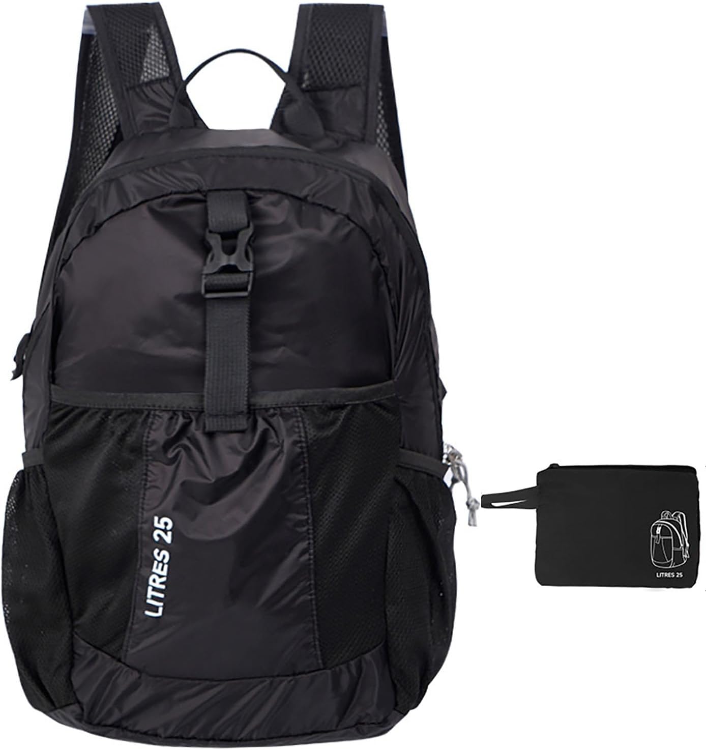 25L Lightweight Foldable Shoulder Backpack Splash Proof Outdoor Sports Daypack Travel Camping Hiking Bag For Men Women (Black)