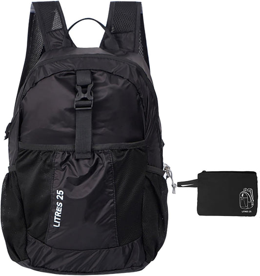 25L Lightweight Foldable Shoulder Backpack Splash Proof Outdoor Sports Daypack Travel Camping Hiking Bag For Men Women (Black)
