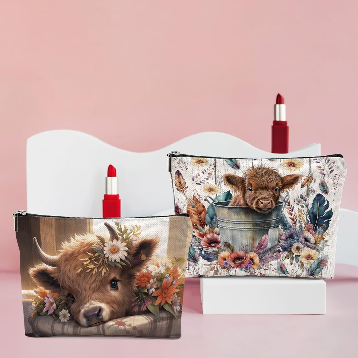 4 PCs Highland Cow Makeup Bag Cow Print Stuff Highland Cow Gifts Cosmetic Bag, Western Gifts for Women Scottish Girls Best Friends Coworkers, Cute Cow Stuff Christmas birthday Gifts Zipper Pouch