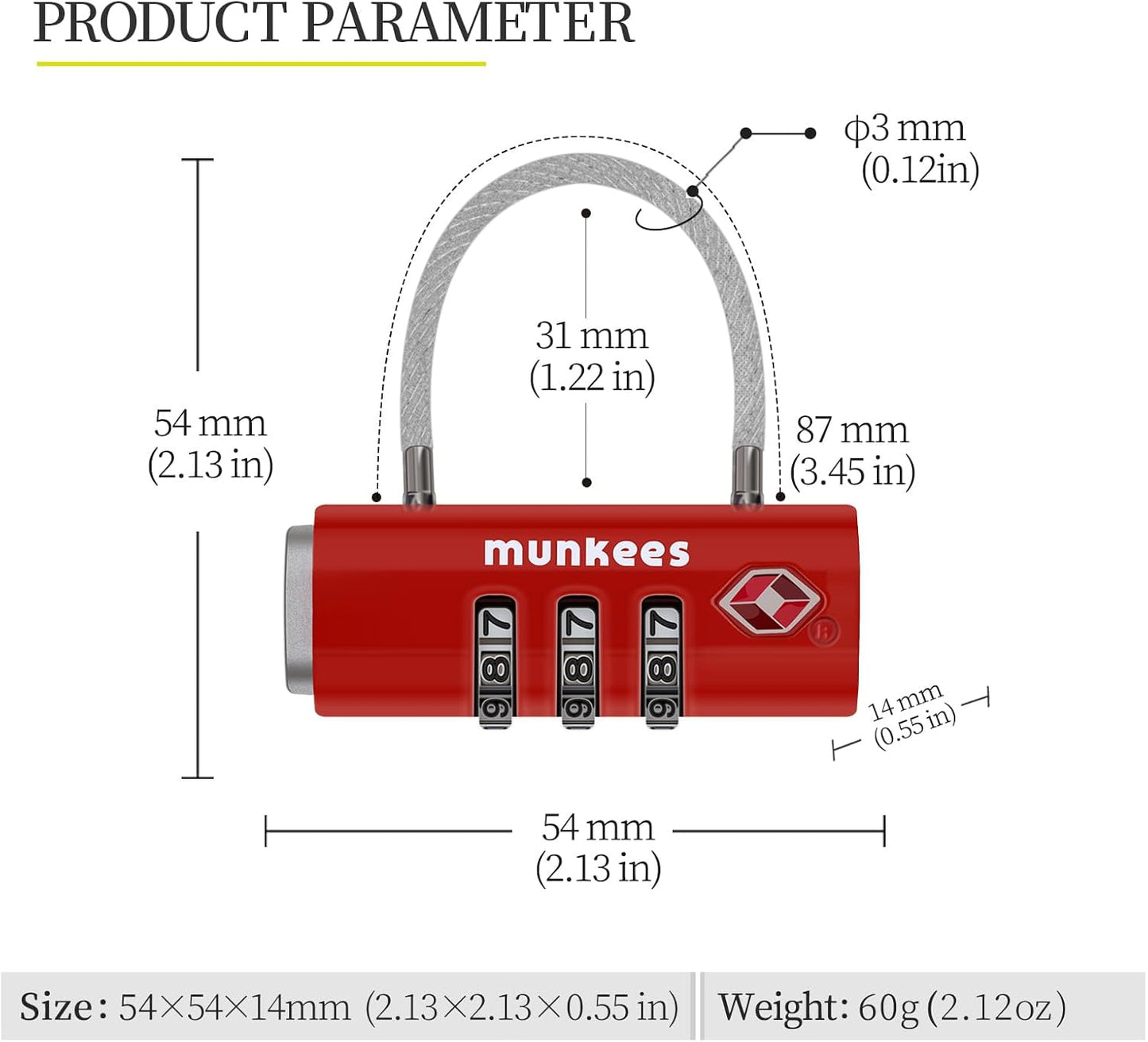 munkees TSA Approved Luggage Lock, 3-Digit Combination, Metal Construction (Red)