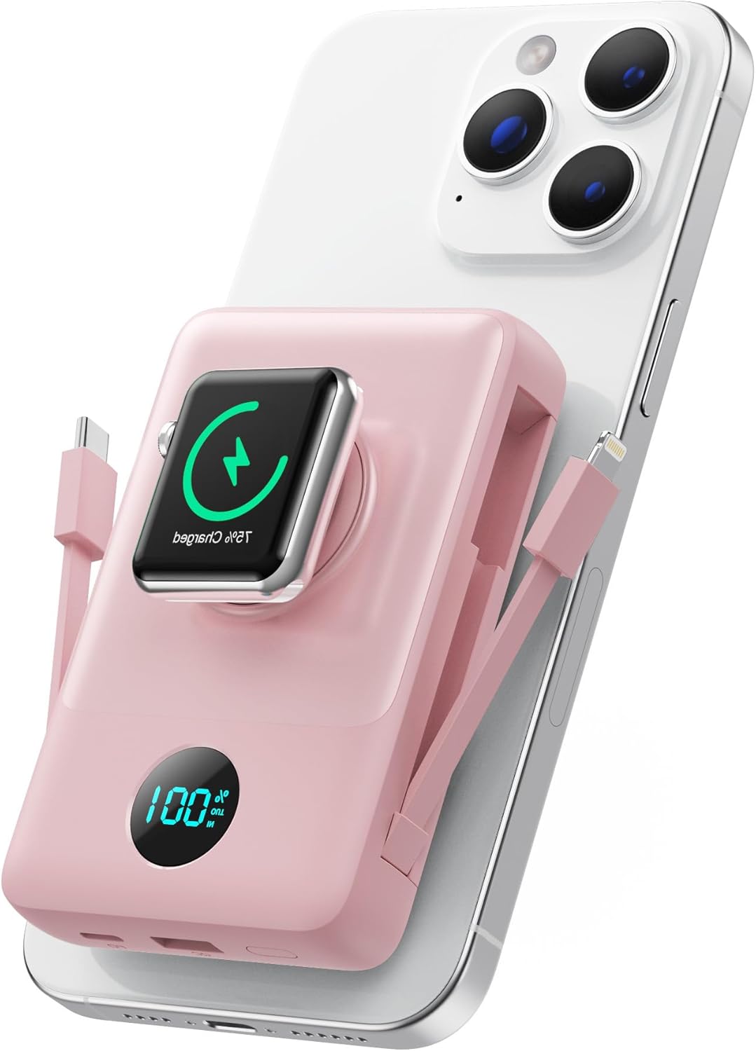 Magnetic Portable Charger for iPhone with Built-in Cables, 6-in-1 10800mAh Power Bank with iWatch Charger & LCD Display,25W Fast Charging Battery Pack for iPhone 17/16/15/14/13/12,Apple Watch (Pink)