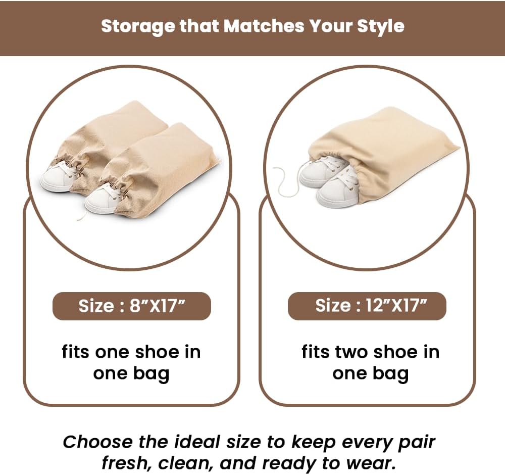 LFH Cotton Shoe Storage Bags with Drawstring, Dustproof Breathable Reusable Organizer, Perfect For