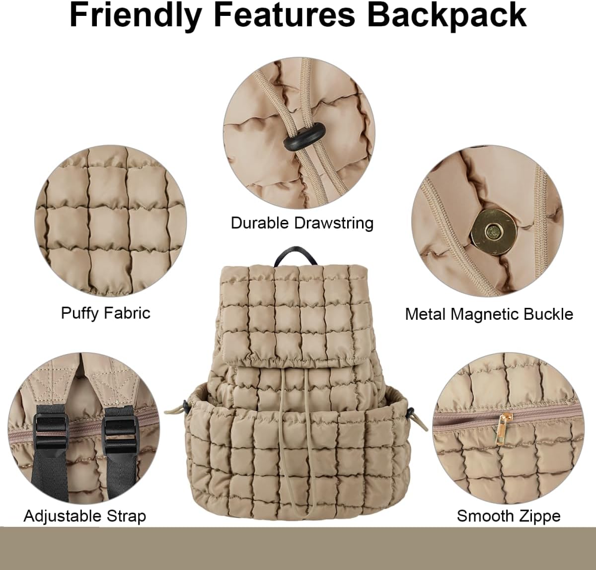 XSUIOY Quilted Backpack Purse for Women Small Lightweight Puffer Puffy College Laptop Backpack Nylon Casual Bookbag Daypack Top Flap Drawstring Padding Hiker Travel Gym Backpack(Khaki)