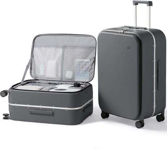 mixi 26 Inch Large Checked Luggage PC Hard Shell Suitcase Top Opening Aluminum Frame Travel Suitcases with Wheels, Rock Gray