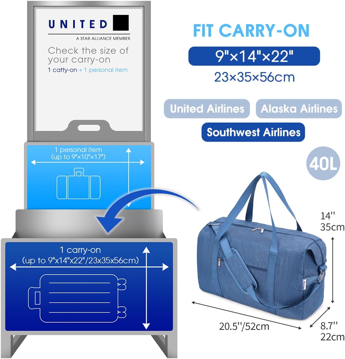 Narwey Carry on luaggage 22x14x9 Airlines Approved Foldable Carry on Bag Travel Duffel Packable Duffle with Wet Pocket Overnight for Women and Men 40L (Navy Blue)