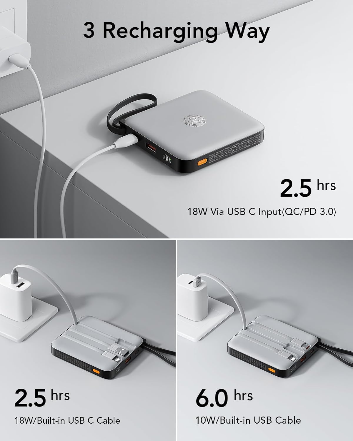 VRURC Portable Phone Charger 4 Built-in Cables, Fast Charging PD 20W Power Bank 10000mAh, USB C