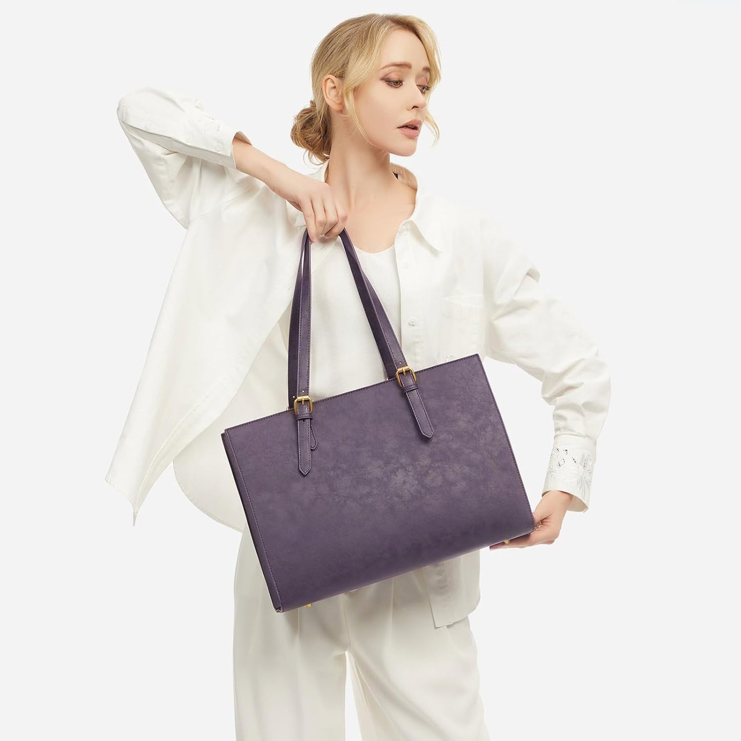 LOVEVOOK Laptop Bag for Women, 15.6 Inch Large Waterproof Leather Work Briefcase with USB Charging Port Casual Computer Shoulder Bag Messenger, Fashion Business Office Tote Handbag Purse, Purple