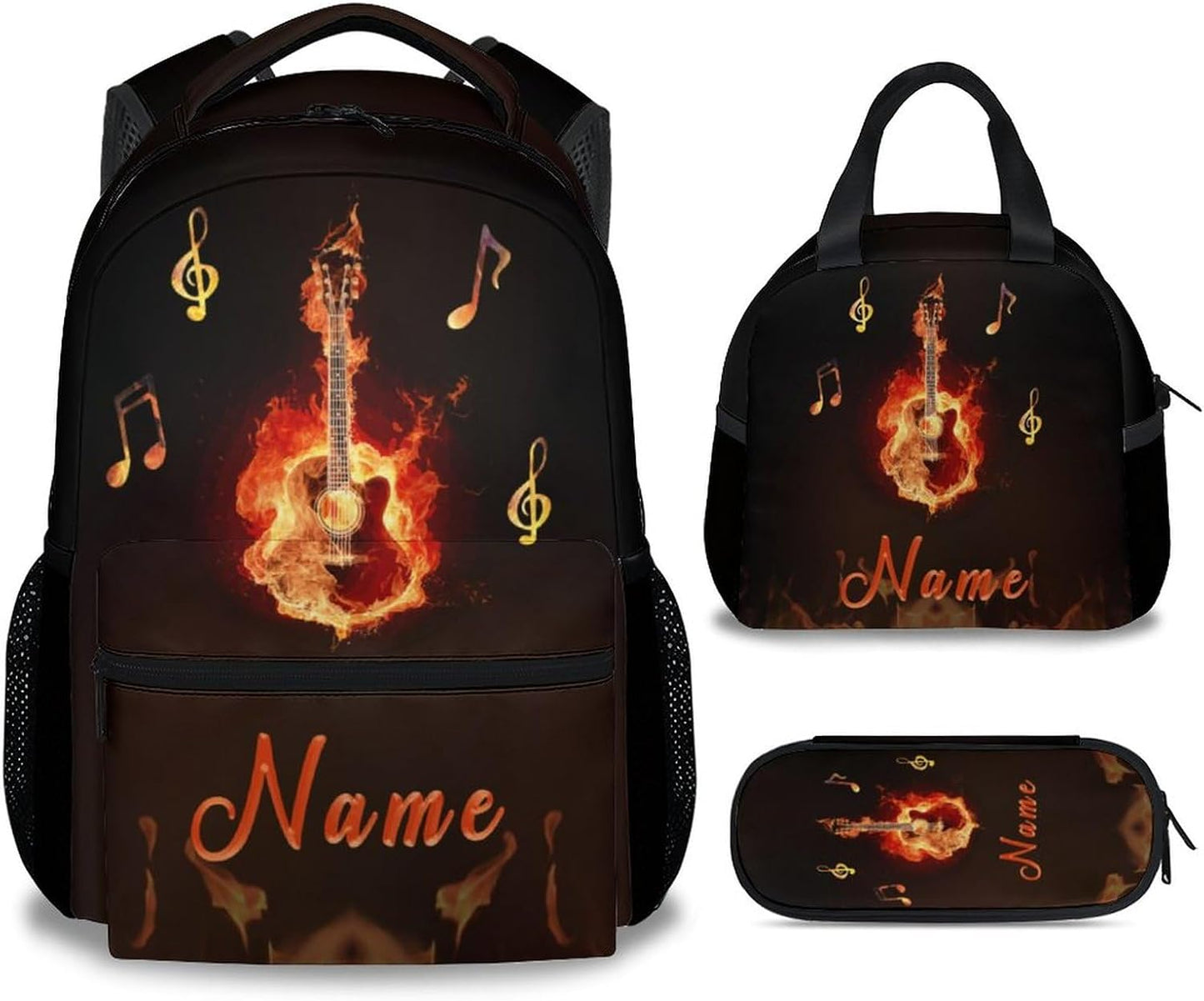 Mercuryelf Personalized Guitar Kids Backpack with Lunch Box Set, 3 in 1 School Backpacks Matching Combo, Cool Black Flame Bookbag and Pencil Case Bundle