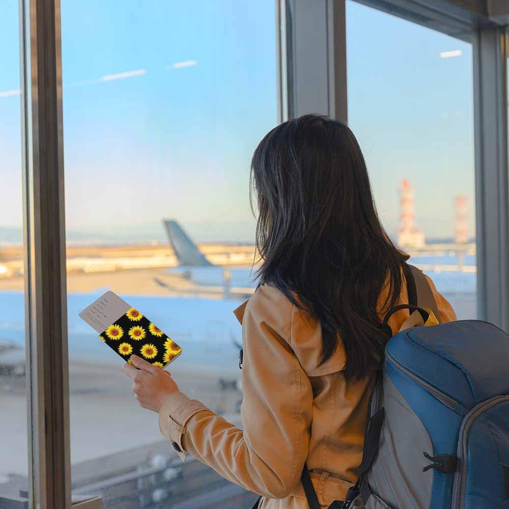 Sunflower Passport Holder for Travel Yellow Bloom Floral Petals PU Leather Passport Cover Wallet Cute Passport Card Holder for Women and Men