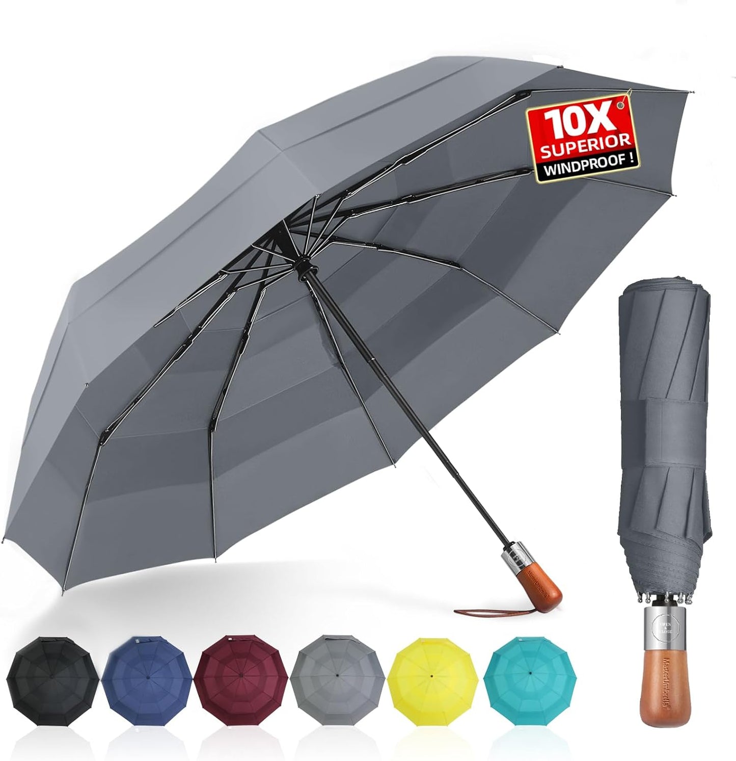 Umbrellas for Rain, Heavy-Duty Windproof Travel Umbrella — Auto Open/Close, Vented Triple-Layer Canopy, 10 Fiberglass Ribs, Folding Design, Large Coverage, Wooden Handle