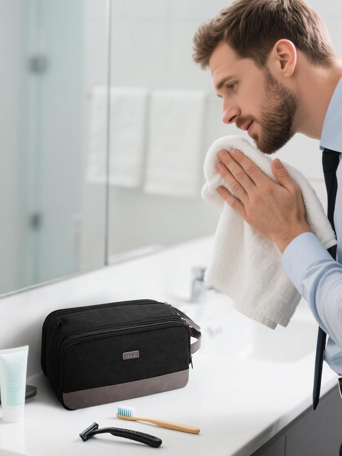WANDF Toiletry Bag for Men Travel Toiletry Organizer Canvas and Leather Dopp Kit Water-Resistant