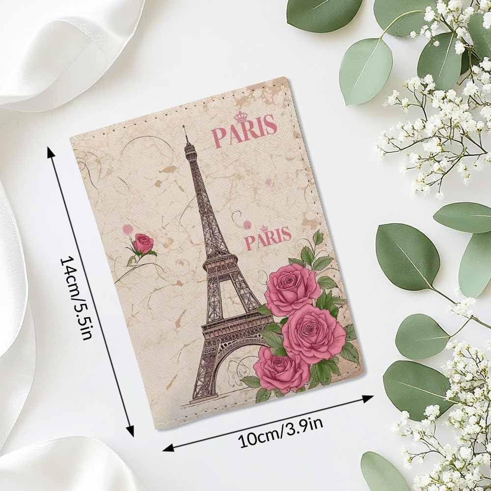 Eiffel Tower with Flowers Passport Holder for Travel Paris Floral Vintage Grunge PU Leather Passport Cover Wallet Cute Passport Card Holder for Women and Men