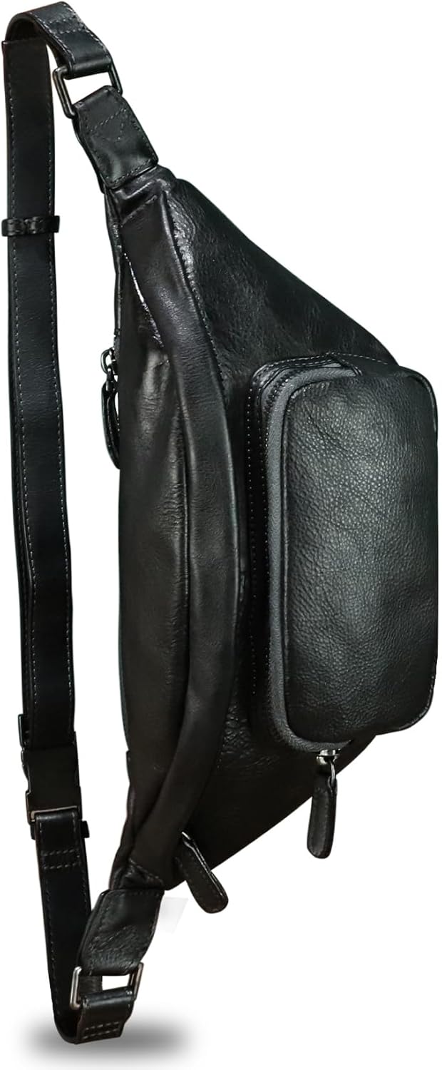 Genuine Leather Fanny Pack for Women and Men Real Leather Crossbody Sling Bag Fashion Waist Bag Chest Purse Pouch (Black)