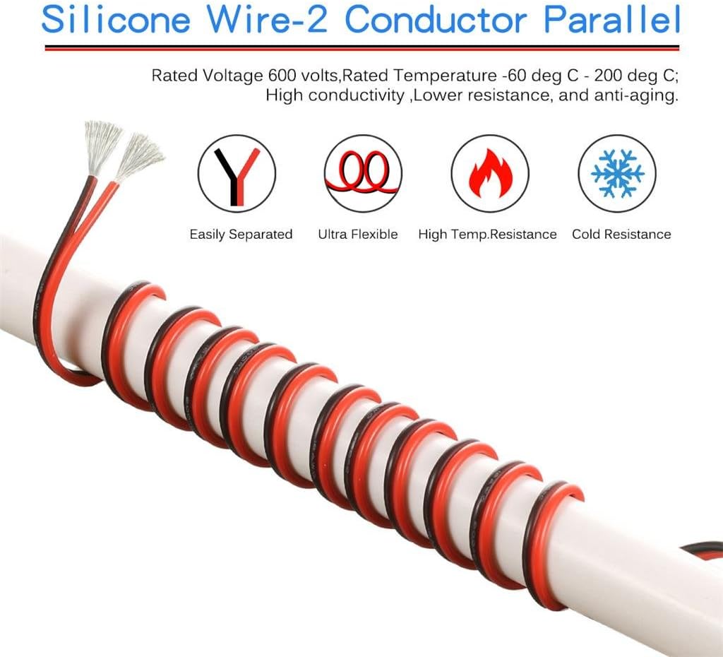 BNTECHGO 14 Gauge Flexible 2 Conductor Parallel Silicone Wire Spool Red Black High Resistant 200 deg C 600V for Single Color LED Strip Extension Cable Cord,Model,50ft Stranded Tinned Copper Wire