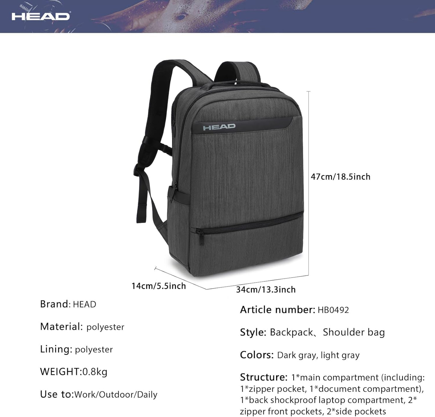HEAD Waterproof Laptop Backpack for Men with Trolley Sleeve, Business Laptop Backpacks Fits 17.3 inch Notebook, Large Travel Backpack for Work/Commute/College