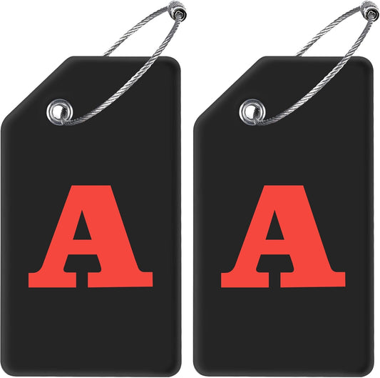 Gostwo 2 Pack Silicone Luggage Tags for Suitcases, 26 Initial Letter Baggage Labels Handbag School Bag Suitcase Instrument Tag with Stainless Steel Loop(Black)(Letter A)