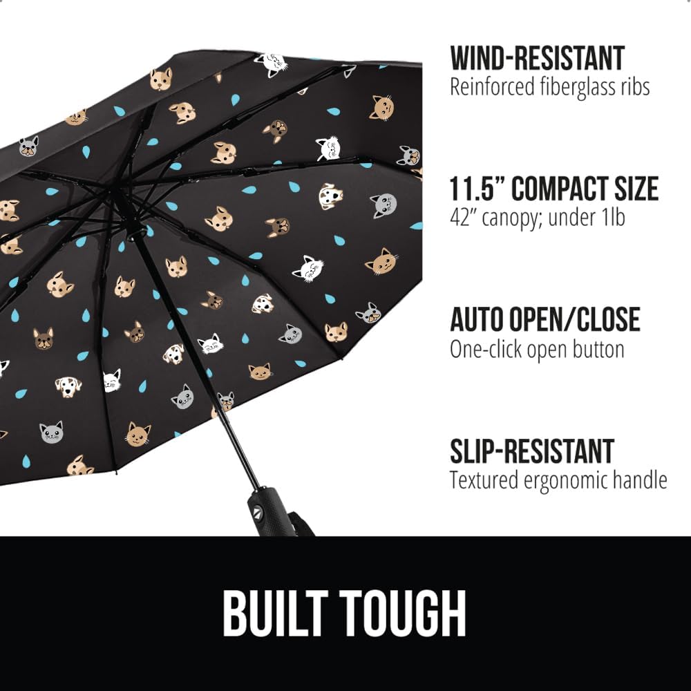 GORILLA GRIP Strong Windproof Stick Compact Umbrella for Rain, One-Click Automatic Open and Close