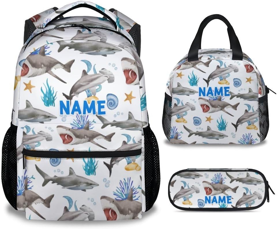 Custom Shark Backpack with Lunch Box, Set of 3 School Backpacks Matching Combo, Cute White Bookbag and Pencil Case Bundle